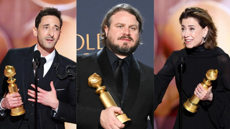 Adrien Brody, Brady Corbet e Fernanda Torres na cerimônia do Globo de Ouro